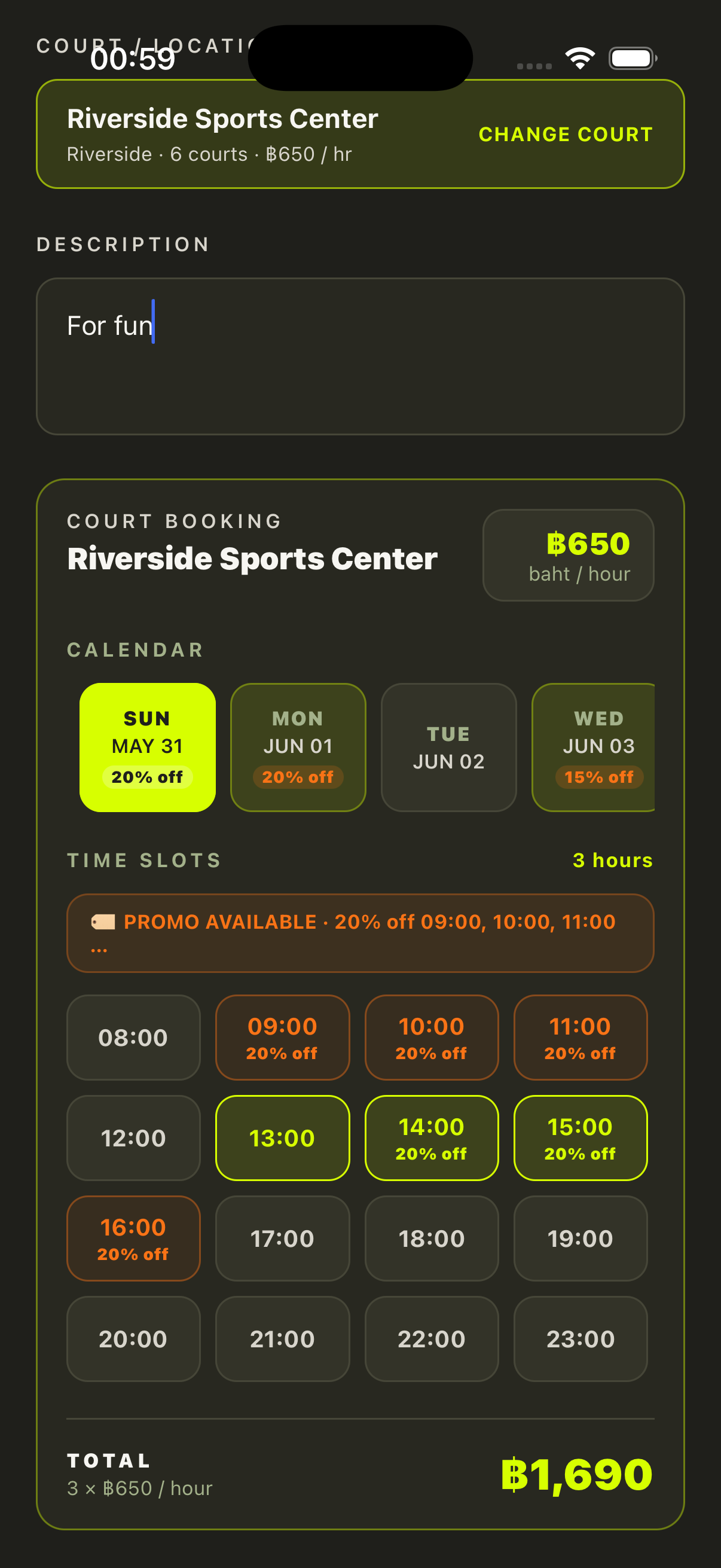 DINKR mobile app court booking screen with time slots