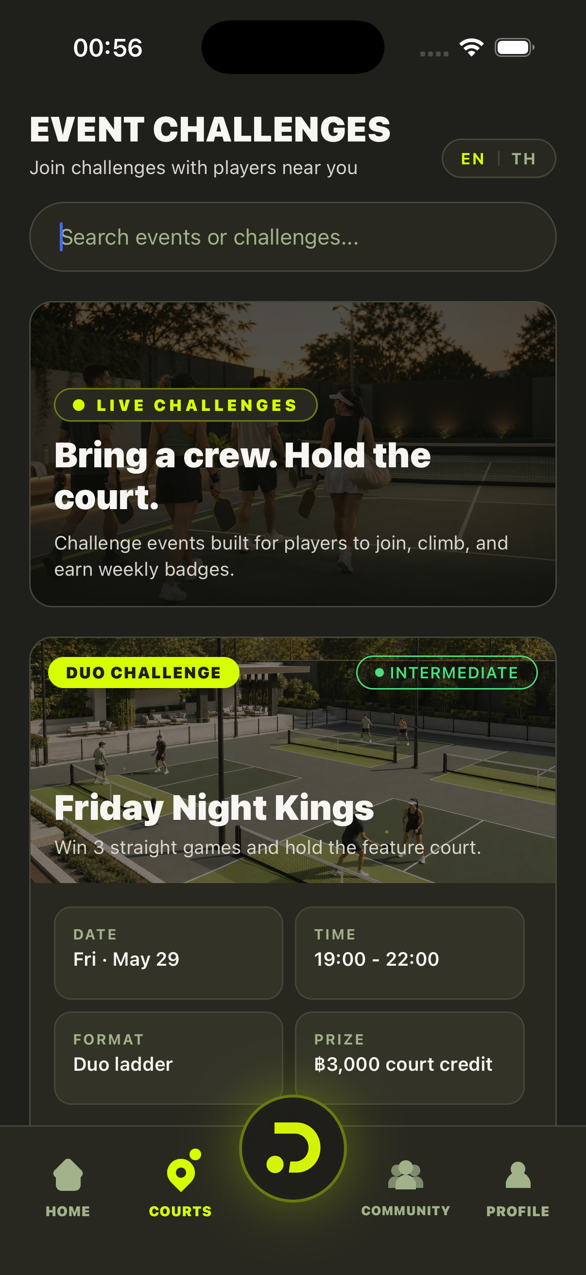 DINKR mobile app event challenges screen