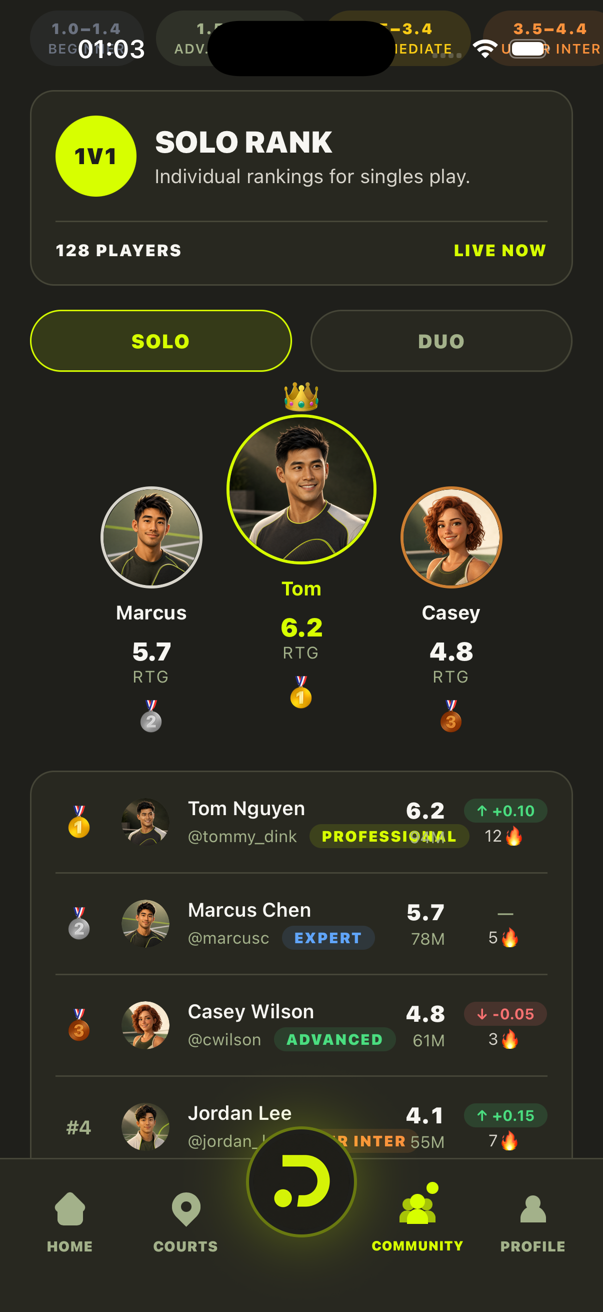DINKR mobile app live ranking screen